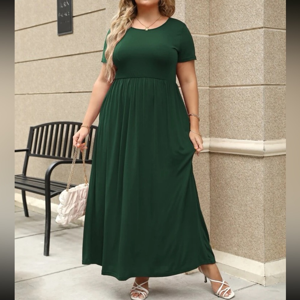 Plus size green comfy high waisted A-line maxi dress - Picture 3 of 16